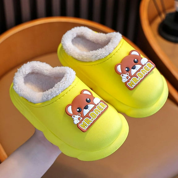 LIIPEE Girls Boys Slippers Cartoon Animal Closed Toe Non- Soft Sole On Warm Lined Plush Shoes Toddler Leisure Birthday Slipper,Yellow,9-9.5 Years