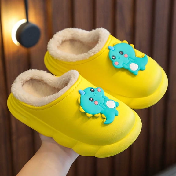 LIIPEE Girls Boys Slippers Cartoon Animal Closed Toe Non- Soft Sole On Warm Lined Plush Shoes Toddler Trendy Birthday Slipper,Yellow,9-9.5 Years