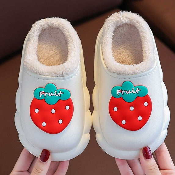 LIIPEE Girls Boys Slippers Cartoon Fruits Closed Toe Non- Soft Sole On Warm Lined Plush Shoes Child Comfort School Slipper,White,10-10.5 Years