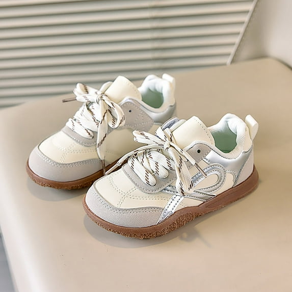 LIIPEE Girls Boys Sneakers Color Block Non- Soft Sole Lace Up Sports Training Shoes Girl Casual School Sneaker,White,5-5.5 Years