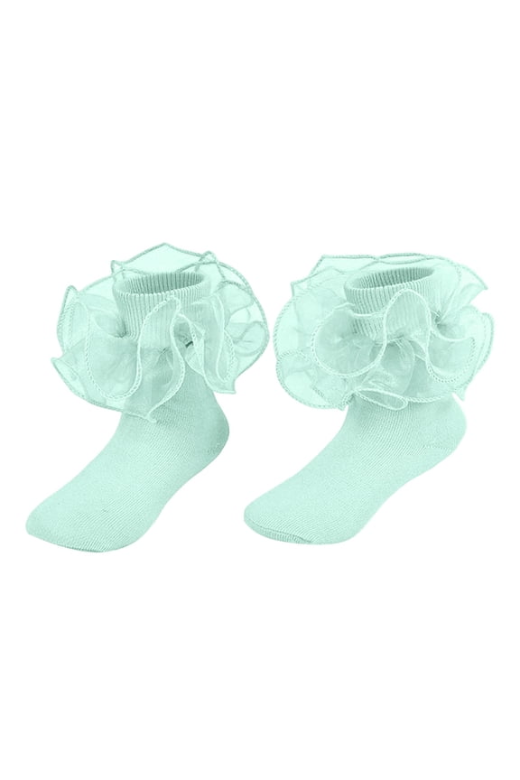 Girls Boys Sock Solid Color Ruffle Socks Double Lace Mesh Frilly Dance Socks Child Casual Vacation Sock,Light Green,8-10 Years