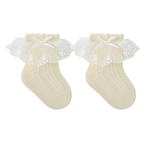 LIIPEE Girls Boys Sock Solid Color Ruffle Socks Lace Mesh Bowknot Lettuce Frilly Socks Trendy Party Sock,Beige,4-5 Years