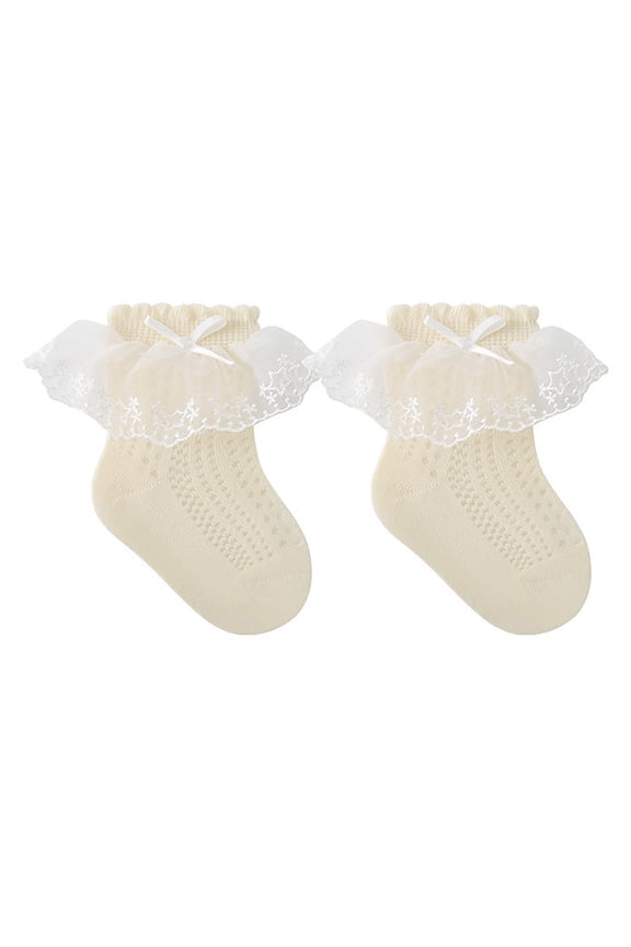 Girls Boys Sock Solid Color Ruffle Socks Lace Mesh Bowknot Lettuce Frilly Socks Trendy Party Sock,Beige,4-5 Years