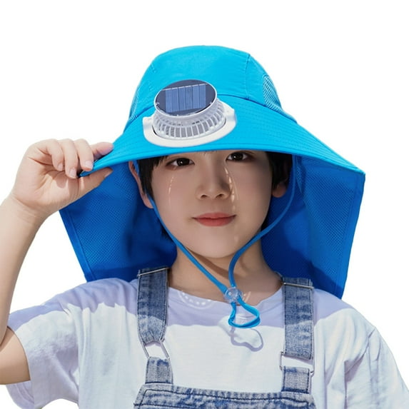 LIIPEE Girls Boys Solar Powered Fans Hats Summer Fashion Casual Bucket Wide Brim Adjustable Strap Sun Hat Protection Caps With Neck Flap Baby Comfort Beach Sunscreen Sunshade Cap,Blue,One Size