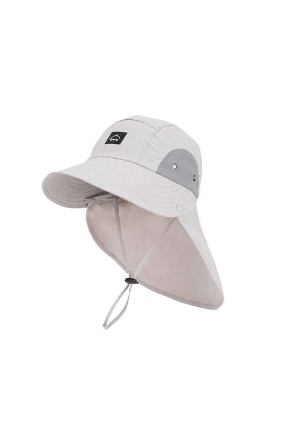 Girls Boys Sun Cap Color Block Mesh Bucket Wide Brim Adjustable Strap Hat Protection Caps With Neck Flap Kids Trendy Picnic Hats,Light Gray,One Size