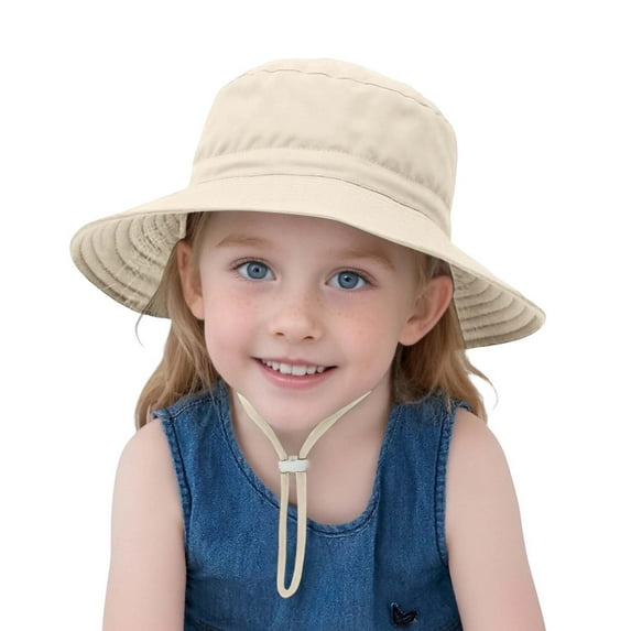 LIIPEE Girls Boys Sun Cap Solid Color Adjustable Strap Bucket Wide Brim Hat Protection Caps Baby Comfort School Hats,Beige,2-6 Years
