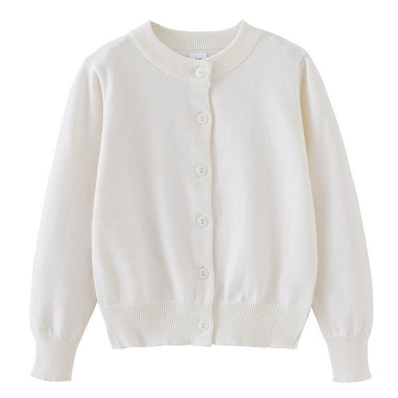 LIIPEE Girls Boys Sweater Solid Color Long Sleeve Round Neck Button Knitted Cardigan Sweater Coat Child Elegant Climbing Hiking Camping Cycling Sweater,White,11-12 Years