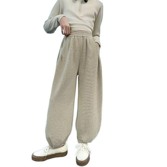 LIIPEE Girls Boys Sweatpants Solid Color Loose Fit Elastic High Waist Wide Leg Ankle-Tied Pants Trousers With Pockets Kids Comfort Travel Pants,Beige,5-6 Years