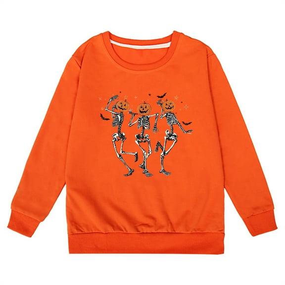 LIIPEE Girls Boys Sweatshirts Halloween Cartoon Skeleton Pumpkin Graphic Printed Long Sleeve Round Neck Pullover Sweatshirt Girls Breathable School Hoodies,Orange,13-14 Years
