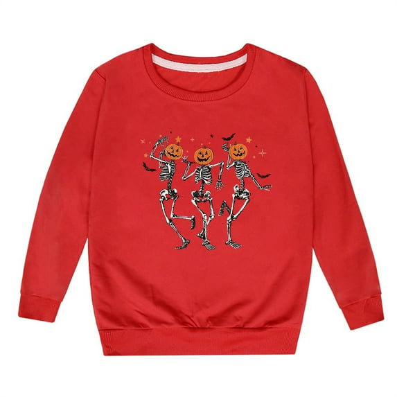 LIIPEE Girls Boys Sweatshirts Halloween Cartoon Skeleton Pumpkin Graphic Printed Long Sleeve Round Neck Pullover Sweatshirt Classic Birthday Hoodies,Red,2-3 Years