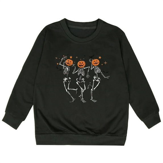 LIIPEE Girls Boys Sweatshirts Halloween Cartoon Skeleton Pumpkin Graphic Printed Long Sleeve Round Neck Pullover Sweatshirt Toddler Classic Family Gatherings Hoodies,Black,2-3 Years