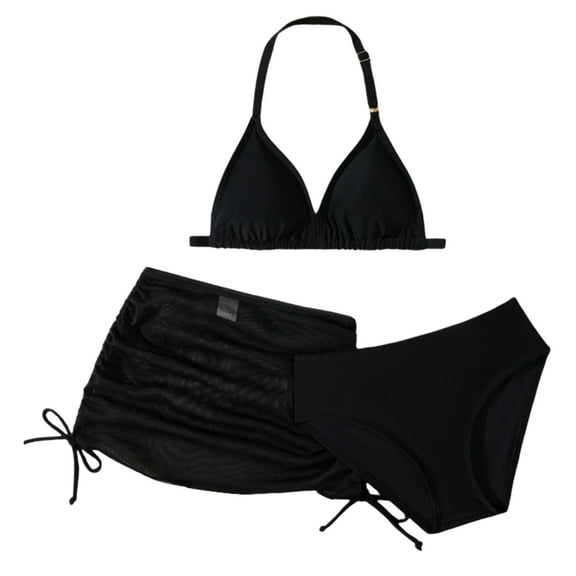 LIIPEE Girls Boys Swimwear 3 Piece Solid Color Halter Neck Bikini Skirt Set Child Comfort Work Bathing Suit,Black,5-6 Years