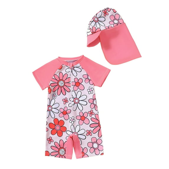 LIIPEE Girls Boys Swimwear Cartoon Printed 2 Piece Short Sleeve Round Neck Romper Swimsuit With Hat Toddler Lovely Beach Pool Party ,Pink,3-4 Years