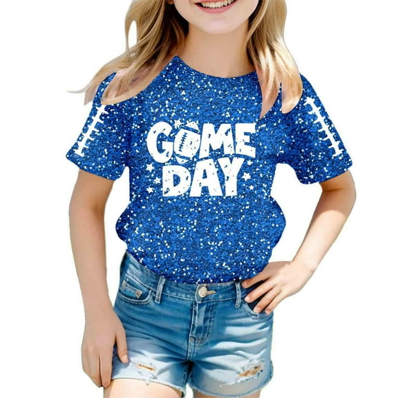 LIIPEE Girls Boys T-Shirt Cartoon Baseball Letter Graphic Printed Short Sleeve Round Neck Sequins Tshirt Tops Kids Comfort Casual Daily Party Photoshoot Tee,Blue,3-4 Years