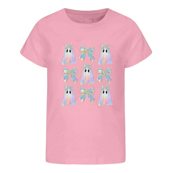 LIIPEE Girls Boys T-Shirt Cartoon Bowknot Ghost Printed Short Sleeve Round Neck Tshirt Top Boy Trendy Birthday Wedding Weekend Tee Shirt,Pink,130