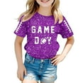 thumbnail image 1 of LIIPEE Girls Boys T-Shirt Cartoon Letter Baseball Graphic Printed Short Sleeve Round Neck Sequins Tshirt Tops Girl Casual Holiday School Party Tee,Purple,6-7 Years, 1 of 4