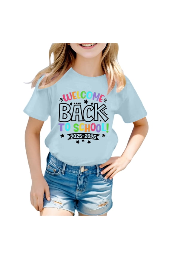 Girls Boys T-Shirt Cartoon Letter Graphic Printed Short Sleeve Round Neck Tshirts Child Leisure Daily Wear Tee Shirts,Light Blue,10-11 Years