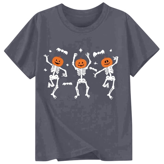 LIIPEE Girls Boys T-Shirt Halloween Cartoon Pumpkin Skeleton Printed Short Sleeve Round Neck Tshirt Tops Child Stylish Climbing Hiking Camping Cycling Tee Shirts,Dark Gray,6-7 Years