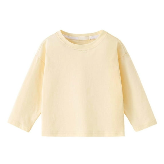 LIIPEE Girls Boys T-Shirt Solid Color Long Sleeve Round Neck Pullover Basic Tshirt Tops Kids Stylish Holiday School Party Tee,Beige,6-7 Years