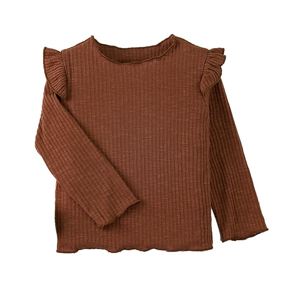 LIIPEE Girls Boys T-Shirt Solid Color Ruffled Long Sleeve Round Neck Tshirt Tops Child Versatile Birthday Wedding Weekend Tee,Brown,9-12 Months