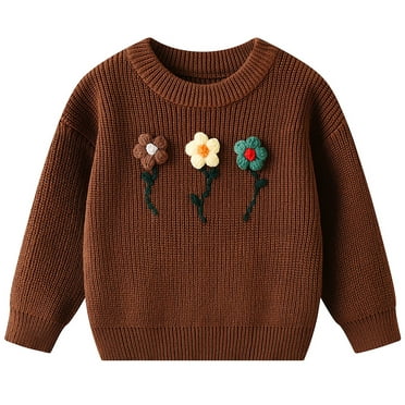 LIIPEE Girls Boys Tops Cartoon Hand Embroidered Floral Long Sleeve Round Neck Pullover Sweater Girl Comfortable Party Shirt,Coffee,5-6 Years