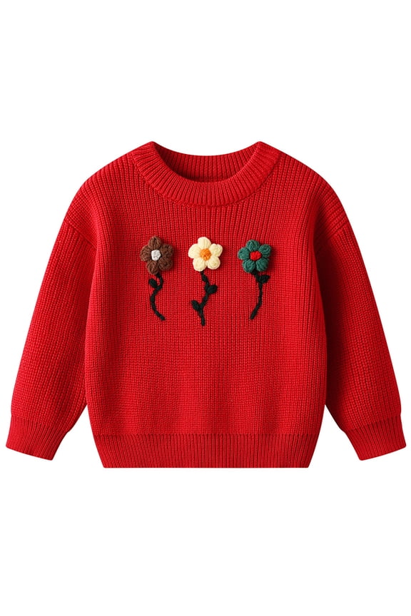 Girls Boys Tops Cartoon Hand Embroidered Floral Long Sleeve Round Neck Pullover Sweater Girl Stylish Party Shirt,Red,5-6 Years