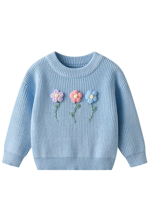 Girls Boys Tops Cartoon Hand Embroidered Floral Long Sleeve Round Neck Pullover Sweater Toddler Comfortable Weekend Shirt,Blue,3-4 Years