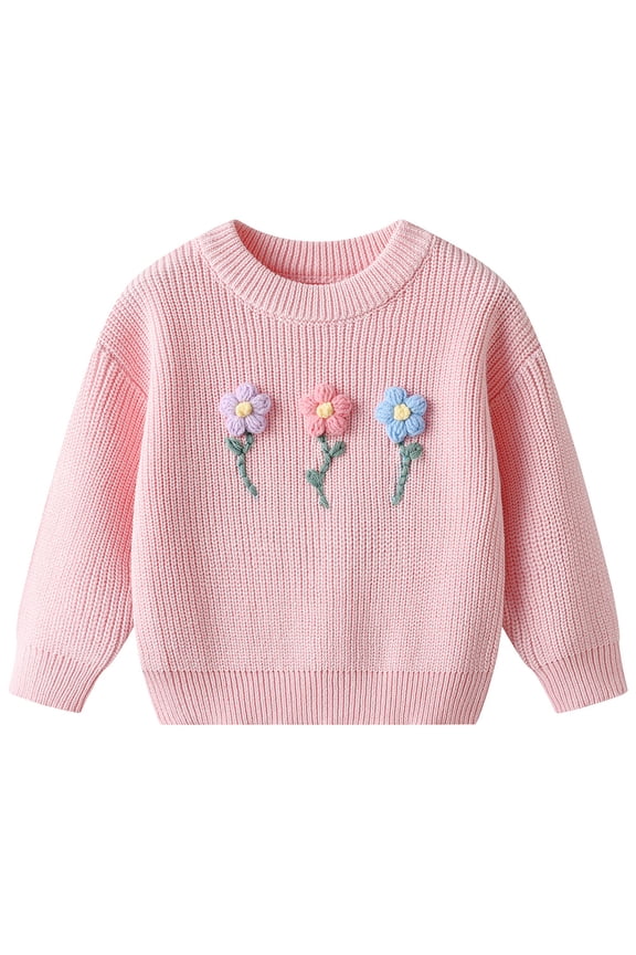 Girls Boys Tops Cartoon Hand Embroidered Floral Long Sleeve Round Neck Pullover Sweater Toddler Stylish Weekend Shirt,Pink,3-4 Years