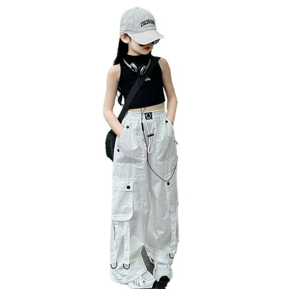 LIIPEE Girls Cargo Pants Solid Color Elastic High Waist Drawstring Wide Leg Street Dance Trousers With Pockets Girl Stylish Holiday School Party Pants,White,8-9 Years