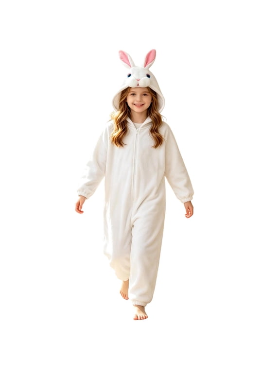 Girls Casual Cartoon Bunny Costumes Rompers Fall Winter Cozy Long Sleeve Zip Up Onesies 3-14 Years
