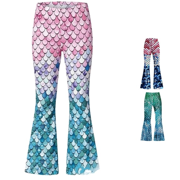 LIIPEE Girls Casual Flared Pants Fish Scale Print Elastic Waist Loose Pants Kids Comfortable Breathable Everyday Trousers,5-6 Years