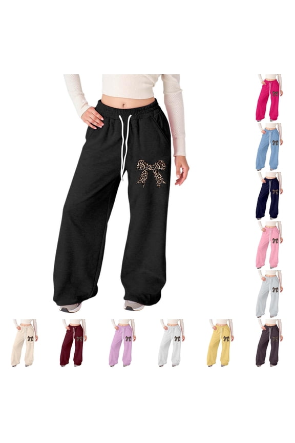 Girls Casual Jogger Pants Leopard Bow Printed Drawstring Waist Baggy Wide Leg Sweatpants Kids Comfortable Breathable Trousers,8-9 Years