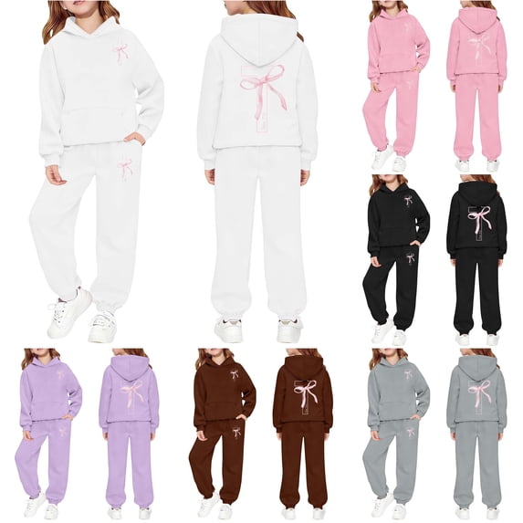 LIIPEE Girls Casual Outfits 2 Piece Autumn Winter Warm Bowknot Graphic Long Sleeve Pullover Hoodie And Sweatpants Kids Cute Outfit Sets,9-10 Years