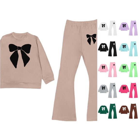 LIIPEE Girls Casual Outfits 2 Piece Bowknot Print Long Sleeve Sweatshirts Flared Pants Kids Autumn Cute Comfortable Everyday Outfit Sets,5-6 Years