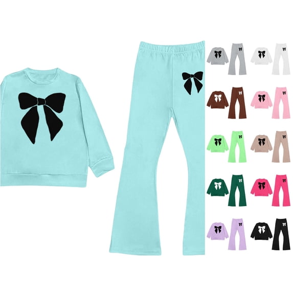 LIIPEE Girls Casual Outfits 2 Piece Bowknot Print Long Sleeve Sweatshirts Flared Pants Kids Autumn Cute Comfortable Everyday Outfit Sets,9-10 Years