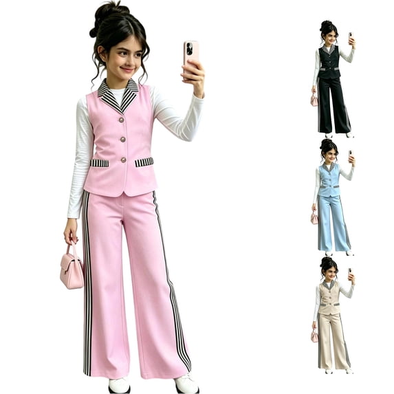 LIIPEE Girls Casual Outfits 2 Piece Stripes Print Sleeveless Button Up Suit Vest Wide Leg Pants Kids Cute Comfortable Outfit Sets,9-10 Years