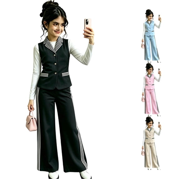 LIIPEE Girls Casual Outfits 2 Piece Stripes Print Sleeveless Button Up Suit Vest Wide Leg Pants Kids Cute Comfortable Outfit Sets,9-10 Years