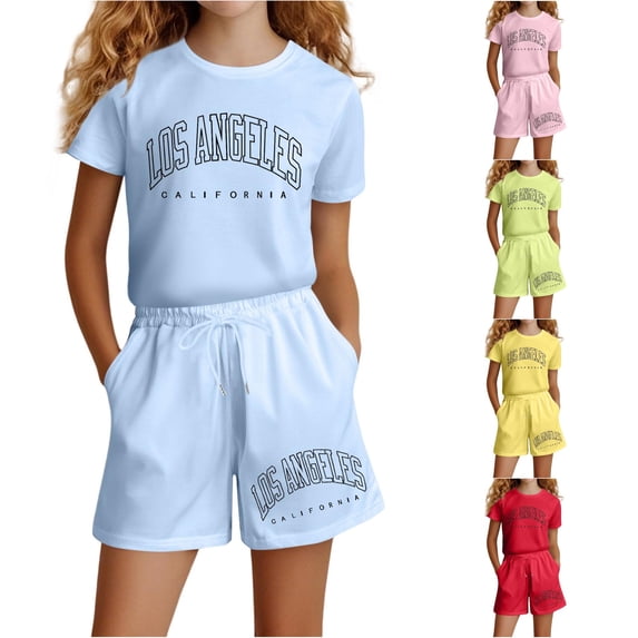 LIIPEE Girls Casual Outfits 2 Piece Summer Letter Graphic Short Sleeve Tees And Shorts Kids Cute Comfortable Everyday Outfit Sets,11-12 Years