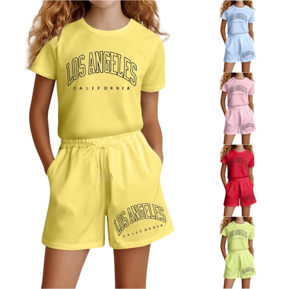 LIIPEE Girls Casual Outfits 2 Piece Summer Letter Graphic Short Sleeve Tees And Shorts Kids Cute Comfortable Everyday Outfit Sets,11-12 Years