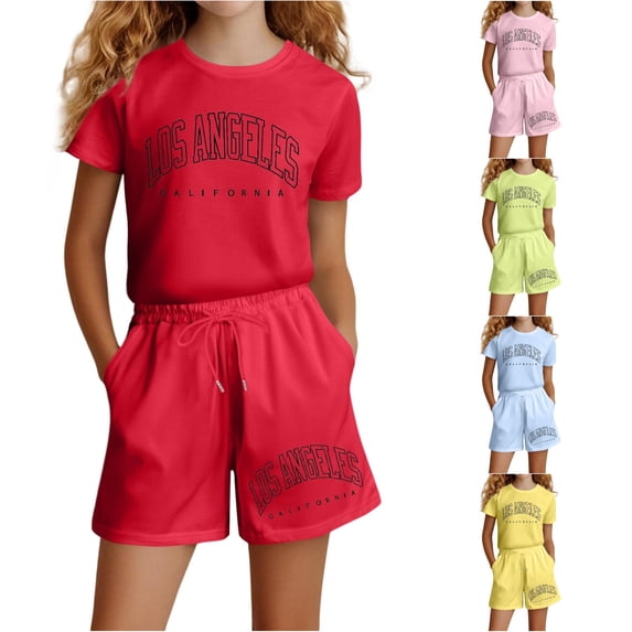 LIIPEE Girls Casual Outfits 2 Piece Summer Letter Graphic Short Sleeve Tees And Shorts Kids Cute Comfortable Everyday Outfit Sets,13-14 Years