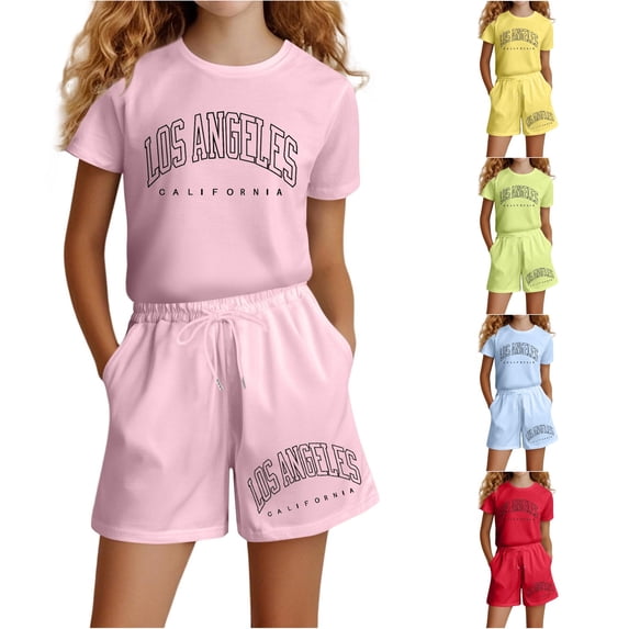 LIIPEE Girls Casual Outfits 2 Piece Summer Letter Graphic Short Sleeve Tees And Shorts Kids Cute Comfortable Everyday Outfit Sets,3-4 Years