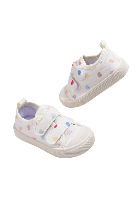 Girls Casual Shoes Fashion Heart Printed Lightweight Soft Sole Flat Bottom Canvas Shoes Kids Hook And Loop Cute Comfortable Breathable Daily Walking Shoes,3.5-4 Years