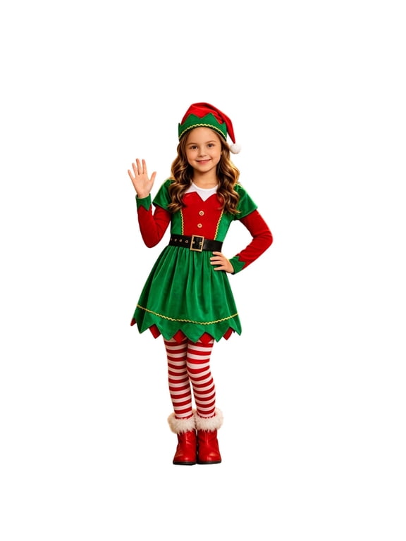 Girls Christmas Elf Costume Holiday Party Dresses Hat Belt Socks Dress Up Clothes 4 Piece 2-14 Years