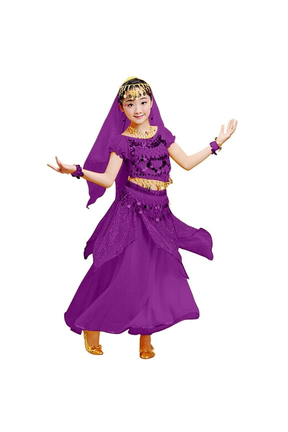 Girls Dance Outfits Summer Fashion Puff Sleeve Top Mesh Skirt Belly Dance Set Girl Leisure Stage Performance Outfit,Dark Purple,5-6 Years