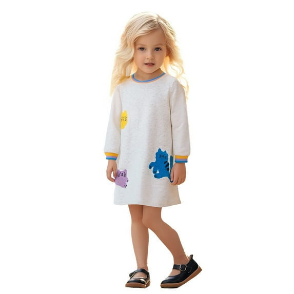 LIIPEE Girls Dress Cartoon Animal Printed Long Sleeve Round Neck A-Line Sundress Toddler Leisure School Dresses,Light Gray,3-4 Years