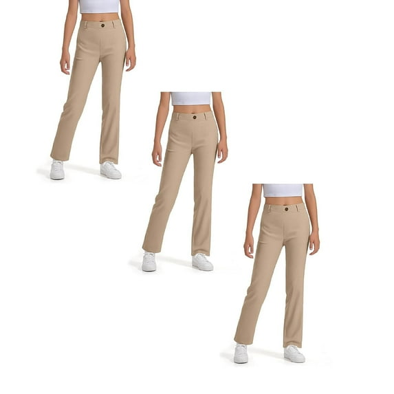 LIIPEE Girls Dress Pants 3 Pack Solid Color Stretchy High Waisted Straight Leg Trousers Kids Versatile Daily Pants,Khaki,15-16 Years