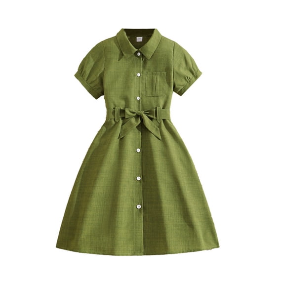 LIIPEE Girls Dresses Casual Kids Summer Short Sleeve Fashion Solid Color Lapel Button Down Bow Tie Waist Shirt Dress Comfortable Breathable Soft Cute Daily Dresses,Green,11-12 Years