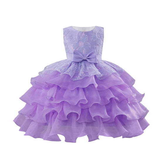 LIIPEE Girls Dresses Casual Solid Color Sleeveless Crew Neck Floral Embroidery Party Dress Kids Bow Sash Tiered Ruffle Gown Comfortable Breathable Soft Cute Princess Dresses,Purple,9-10 Years
