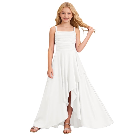 LIIPEE Girls Dresses Casual Solid Color Square Neck Suspender Dress With Ruffle Asymmetrical Hem Party Gown Kids Comfortable Breathable Soft Cute Dresses,White,9-10 Years
