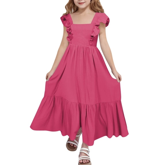LIIPEE Girls Dresses Casual Summer Elegant Solid Color Square Neck Sleeveless Backless Party Dress Comfortable Breathable Soft Cute Daily Flowy Dresses,Hot Pink,14-15 Years